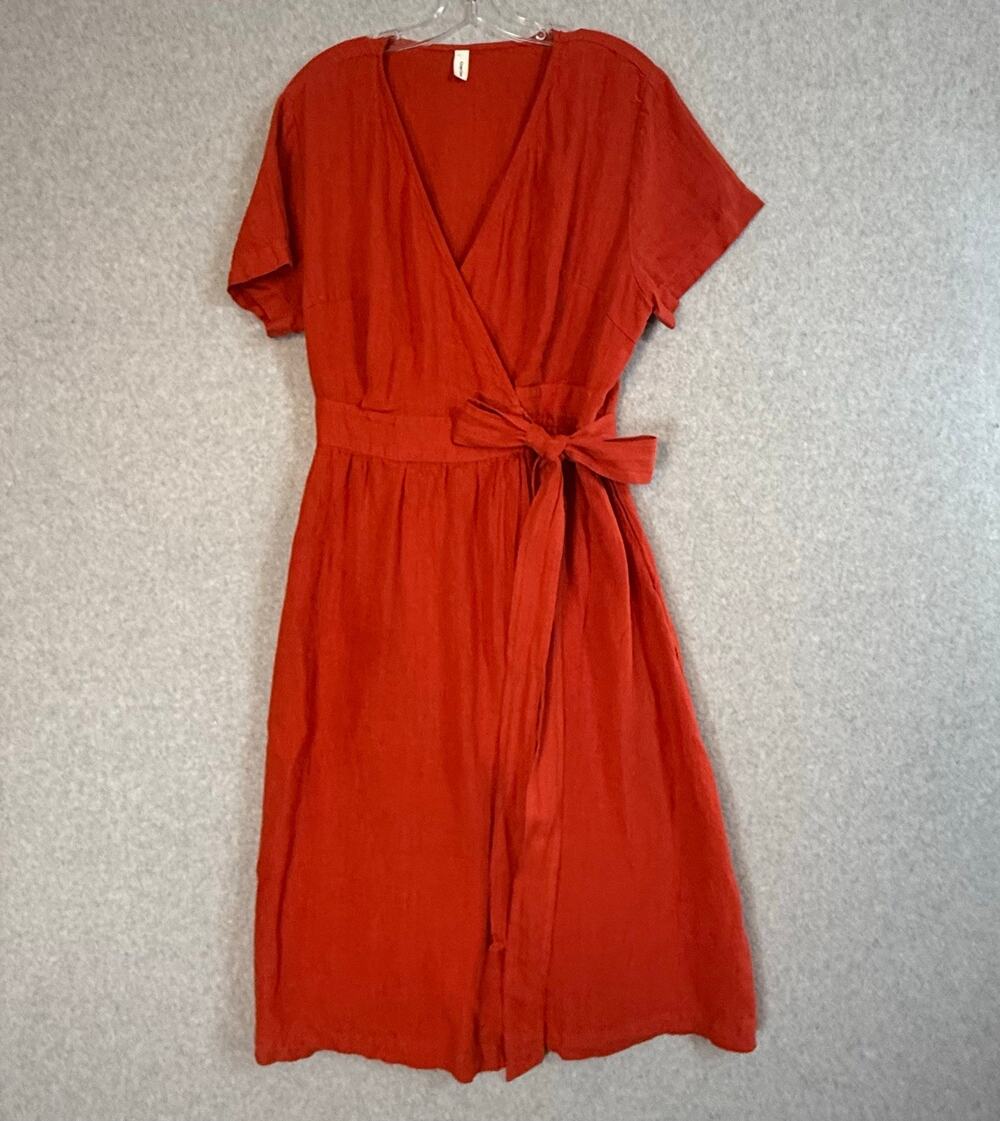 Grae Cove Linen Wrap Midi Dress Size XXL Tie Waist Minimalist Quiet Luxury